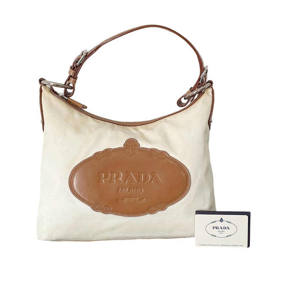Prada white nylon camel brown leather embossed logo shoulder hobo bag